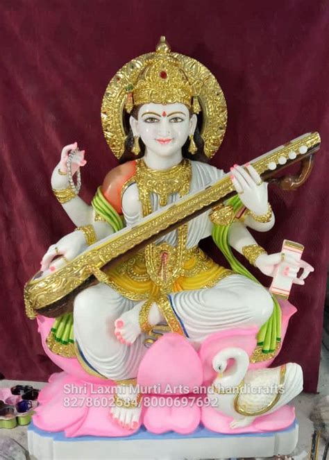 White Painted Saraswati Mata Marble Statue For Temple Size Feet At