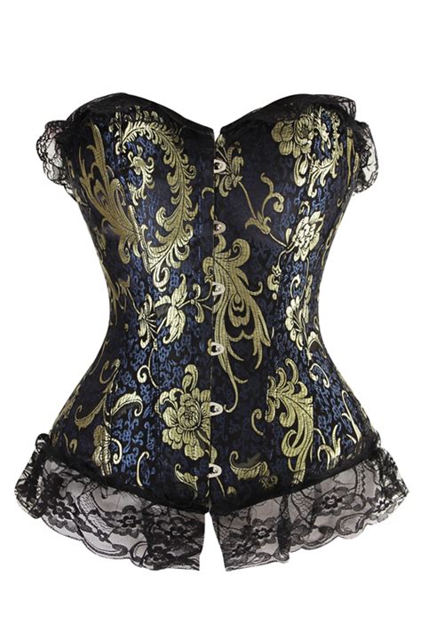 Stunning Midnight Blue Corset With Silvery Gold Floral Pattern And