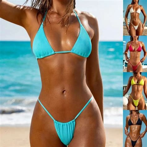 Sexy Solid Color Pit Stripe Micro Bikini With Hanging Neck Split Womens Two Piece Brazilian