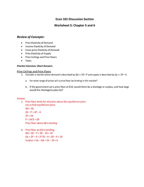 Econ 101 Discussion Worksheet Ch5 And Ch6 With Answers Econ 101