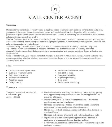 Call Center Agent Resume Example