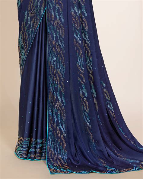 Vishal Prints Bright Blue Premium Satin Saree With Stone Diamond Work