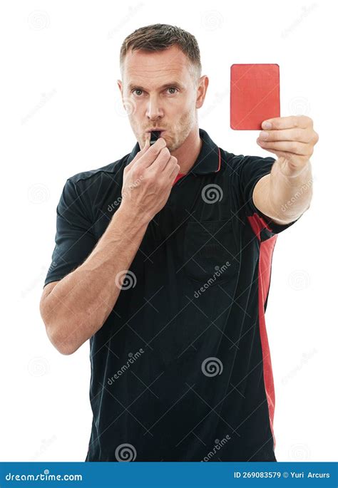 Referee Man Red Card And Whistle Portrait With Hand Warning For Soccer