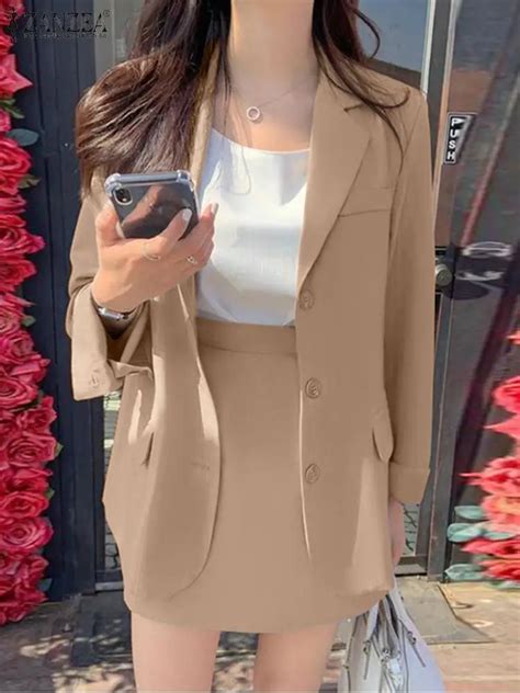 Zanzea Fashion Lapel Neck Long Sleeve Blouse Short Skirt Woman Summer Ol Blazer Matching Sets