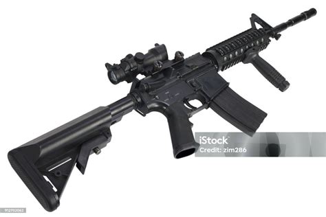 M4 Carbine With Acog Optic And A Foregrip Isolated Stock Photo