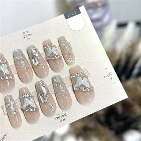 New Ballet Nude Butterfly Diamond Press On Nails Studio