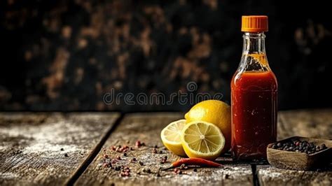 Lemon And Hot Sauce Bottle On Rustic Wood With Peppercorns Stock Image Image Of Natural