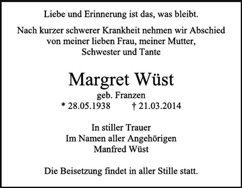 Traueranzeigen von Margret Wüst Trauerportal Ihrer Tageszeitung