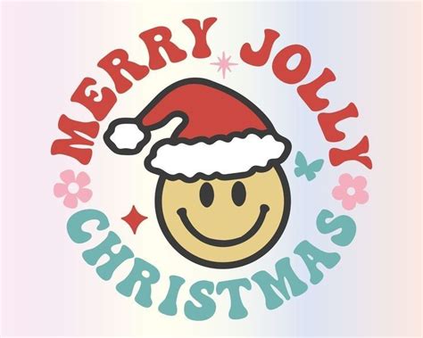 Merry Jolly Christmas Smiley Face With Santas Hat And Stars On The