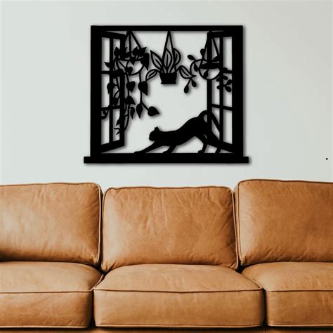 Lazy Cat Stretching In Window Metal Wall Art Etsy