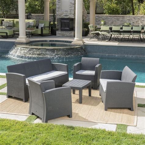 Noble House 5 Piece Faux Wicker Patio Seating Set With Light Gray