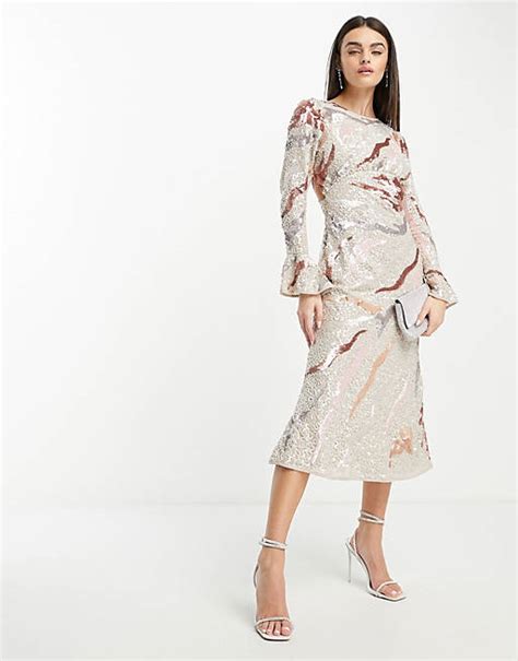 Asos Design Embellished All Over Sequin Midi Dress With Flared Sleeves