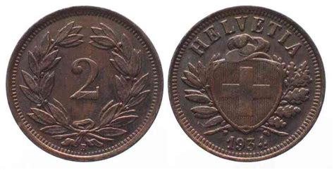 Schweiz SWITZERLAND 2 Rappen 1934 Bronze AXF 64808 AEF MA Shops