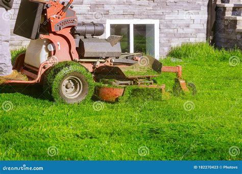 Gardener Mowing Green Plants With Lawn Mower Cutting Grass Stock Image Image Of Riding Field