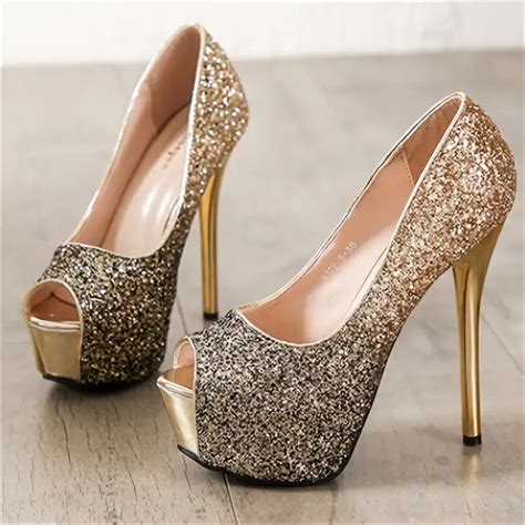 Womens Sequins Super High Heels Sexy Peep Toe Glitter Slip On