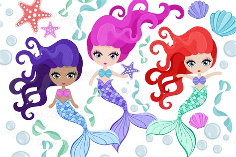 Cartoon Mermaids, Siren Clipart (517983) | Illustrations | Design Bundles