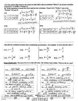 Algebra Variation Direct Inverse Joint Notes Worksheets W