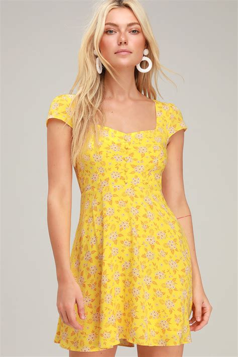 Cute Yellow Floral Dress Floral Print Dress Yellow Mini Dress Lulus