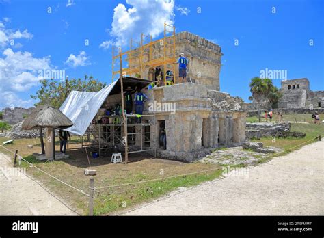 Archaeologists Working On The Temple Of The Frescoes At Tulum Ruins A