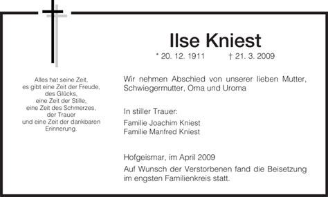 Traueranzeigen Von Ilse Kniest Trauer Hna De