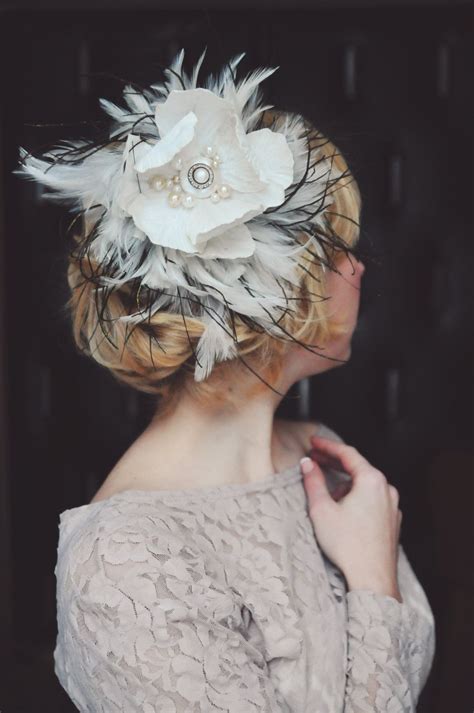 White Wedding Fascinator With Vintage Flower Brooch Pearls And