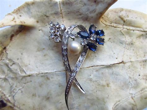 Vintage Sterling Silver Rhinestone Sapphire Pearl Pin Spain Sterling