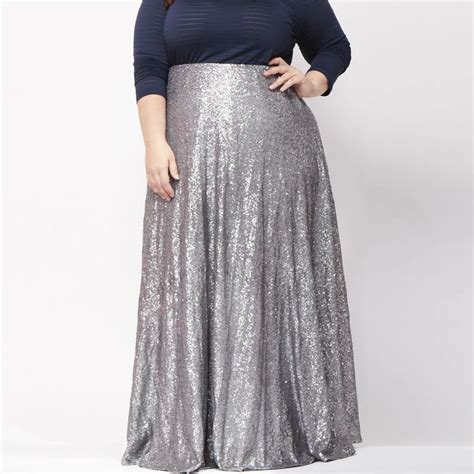 Plus Size Silver Sequins Long Skirt High Waist Floor Length A Line Maxi