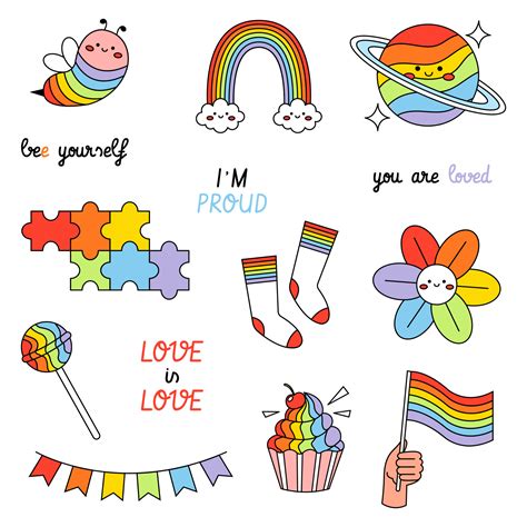 LGBT elements set. Rainbow flag, cake, planet, cute bee and phrases ...