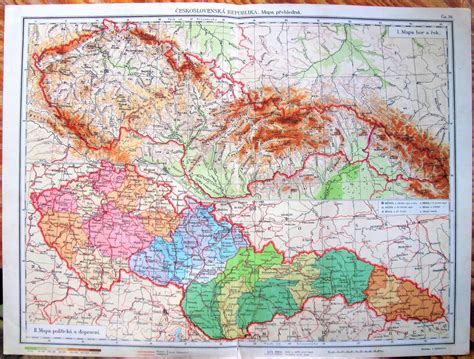 Antique Color Map Czechoslovakia Topographical And Political By Dr