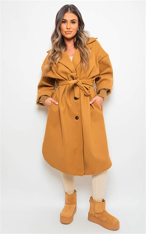 Giana Oversized Belted Trench Coat In Camel Ikrush