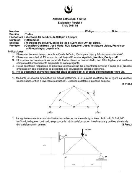 EA1 AE1 2021 02 Evaluación parcial 1 Análisis Estructural 1 CI10