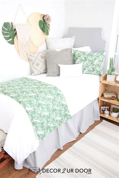 Grey And Palm Leaf Print Dorm Bedding And Dorm Room Decor Shop This