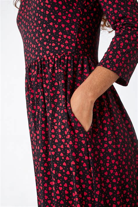 Red Heart Print Stretch Midi Dress Roman Uk