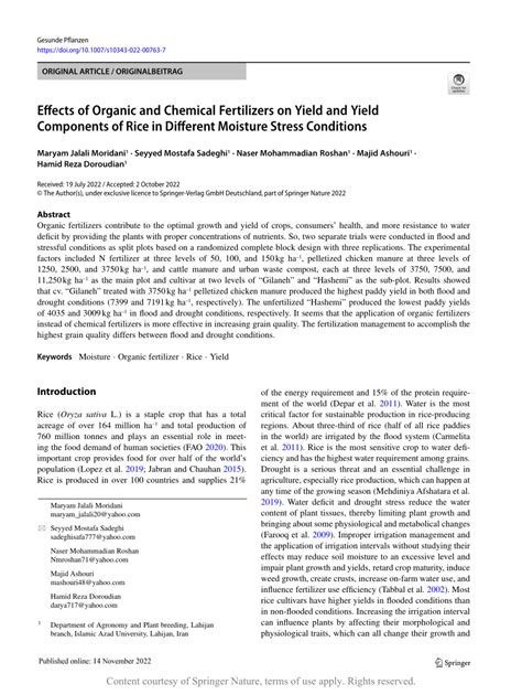 Effects Of Organic And Chemical Fertilizers On Yield And Yield Components Of Rice In Different