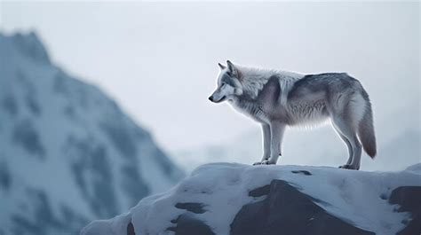 Um Lobo Em P Sobre Uma Rocha Na Neve Foto Premium