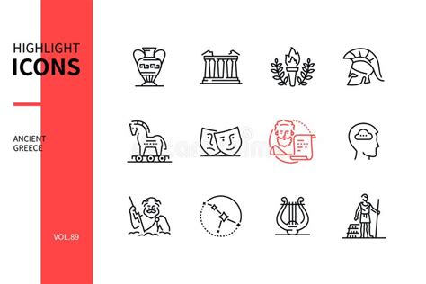 Ancient Greece Line Design Style Icons Set Stock Vector