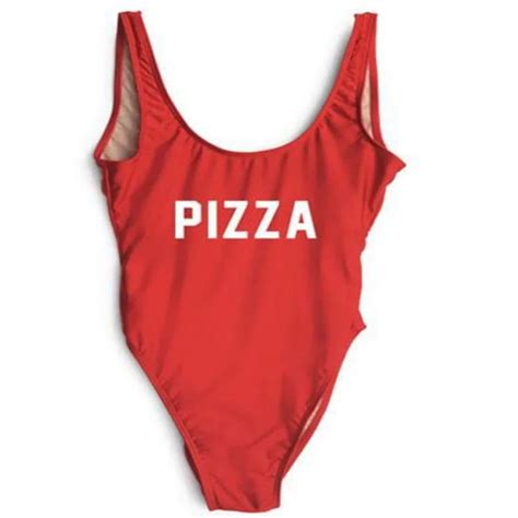 Pizza Funny Letter Sexy Swim Suit Thong One Piece Swimwear Women Low