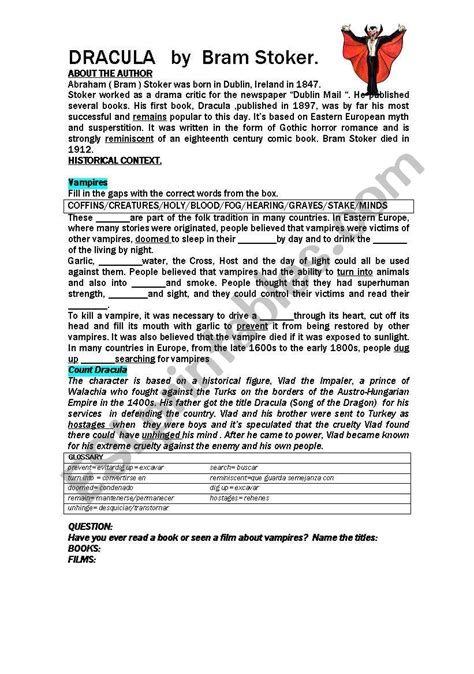 Introduction To Dracula Pre Reading Activity 1 Esl Worksheet By Ardi