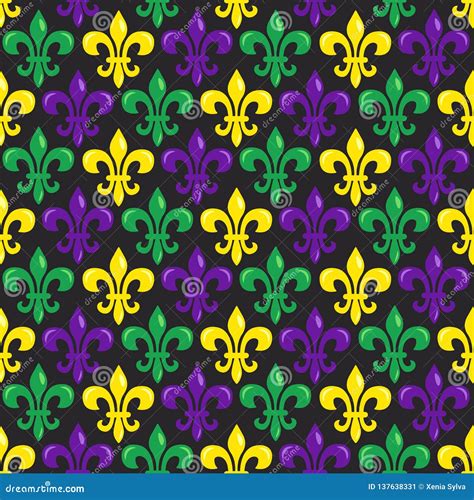 Mardi Gras Vector Seamless Pattern with Colorful Fleur-de-lis on Black ...