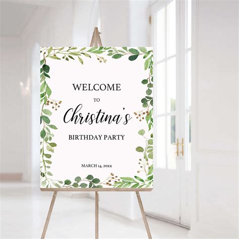 Greenery Leaves Party Welcome Board Template | Instant Download ...