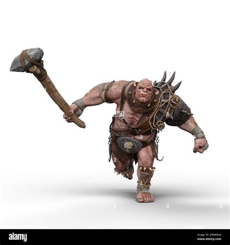 Giant fantasy ogre running in armour and holding a club weapon. 3D ...