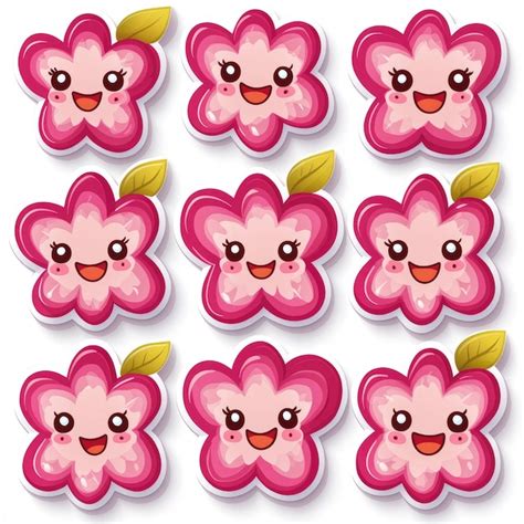 Cute Pink Flowers With Smiling Faces Cartoon Illustration Premium AI