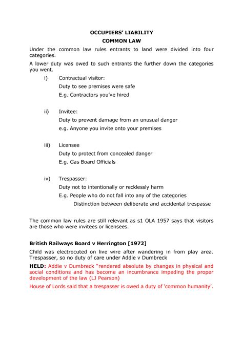 Occupiers Liability Lecture Notes 8 Occupiers Liability Common Law