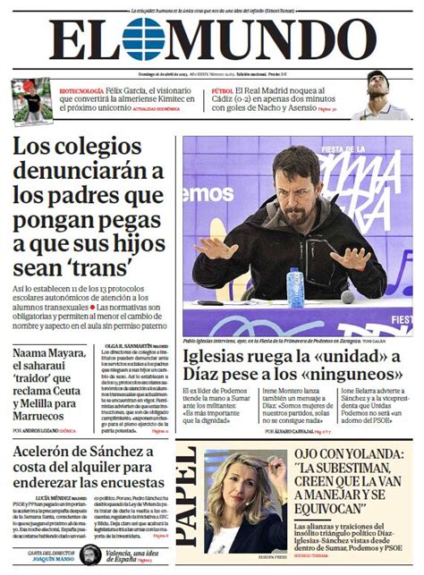 Portada De EL MUNDO Del Domingo 16 De Abril De 2023 Medios