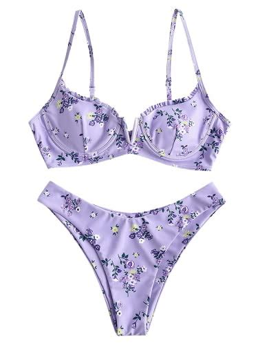 Zaful Women S Underwire Bikini Floral High Cut Bikini Set V Wired Two