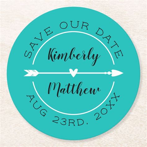 Heart And Arrow Turquoise Save The Date Round Paper Coaster Zazzle