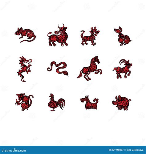 Set Of Eastern Horoscope Symbols With Drawn Red Ethnic Flowers Vector