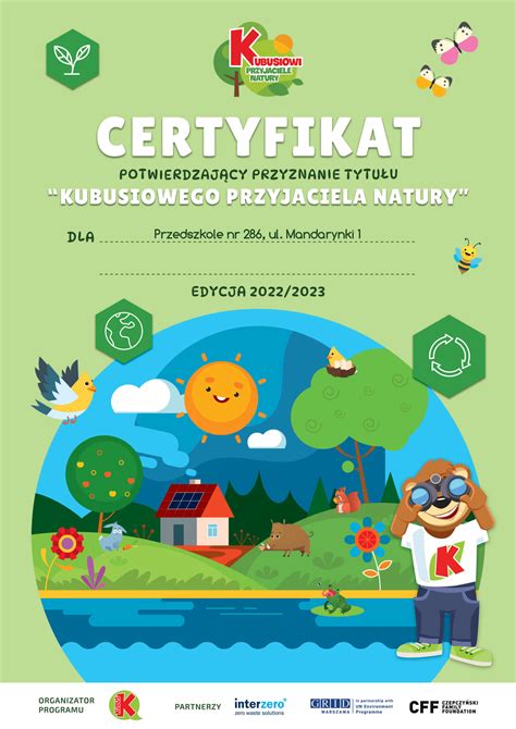 Certyfikat Kubusiowi Przyjaciele Natury Przedszkole Nr