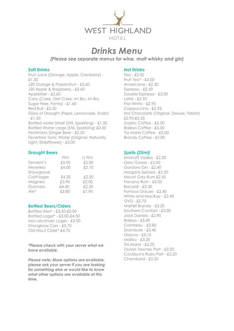 Drinks Menu | West Highland Hotel, Mallaig