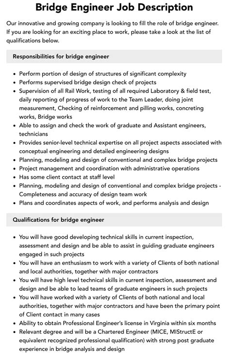 bridge engineer job description velvet jobs